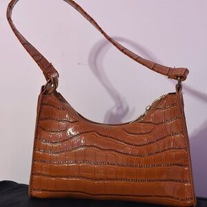 Croc-Embossed Tan Shoulder Bag